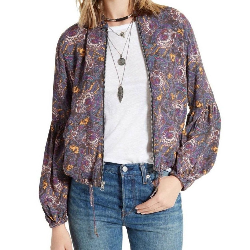 Free People Soft Printed Balloon Sleeve Jacket Purple Floral OB560079 Womens M